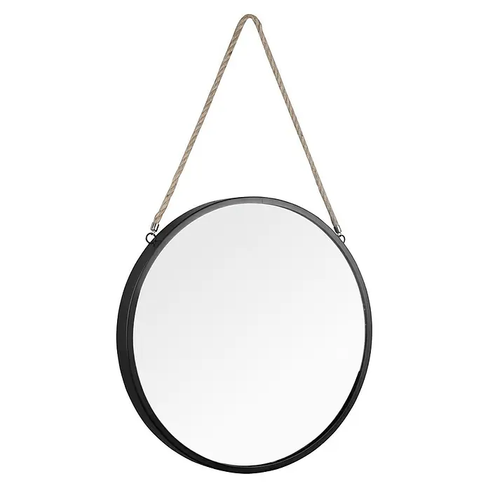 Wandspiegel Taira - Durchmesser: 40 cm, Schwarz - Ein rundes Spiegelbild mit einem schwarzen Rahmen, das an einem rustikalen Seil aufgehängt ist. Ein dekorativer Hingucker für jeden Raum.