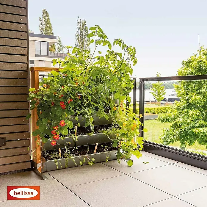 Bellissa Hochbeet Inalto M4 - 100 x 32 x 100 cm, Stahl, Silber/Hellbraun - Bellissa Kräutertreppe mit üppigen Pflanzen auf einem sonnigen Balkon, ideal für den Anbau frischer Kräuter und Gemüse in der Stadt.