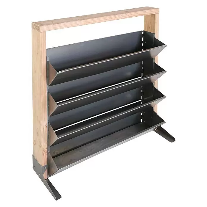 Bellissa Hochbeet Inalto M4 - 100 x 32 x 100 cm, Stahl, Silber/Hellbraun - Schuhregal mit Holzrahmen und vier dunkelgrauen, schrägen Metallablagen.