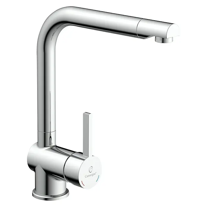 Camargue Spültischarmatur Antea - Chrom, Glänzend - Glänzender Camargue Küchenarmatur mit Ausziehbrause. Der Einhebelmischer verfügt über eine seitliche Bedienung und ist mit roten und blauen Markierungen versehen.