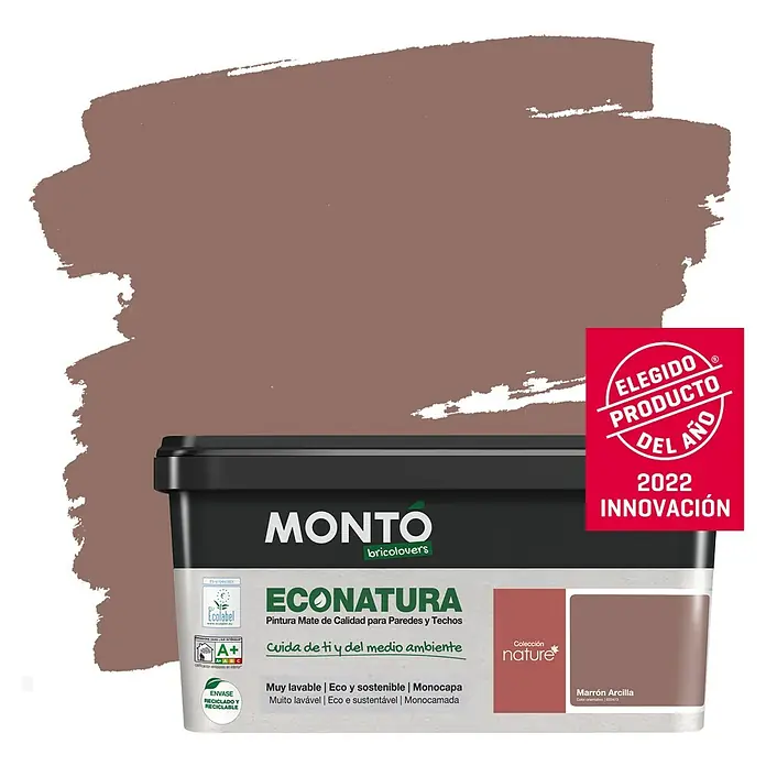 Montó Bricolovers Pintura para paredes Econatura - Marrón Arcilla, Mate, 4 l - Imagen de una lata de pintura para paredes MONTO ECONATURA de calidad mate, color Marrón Arcilla. Producto del Año 2022.