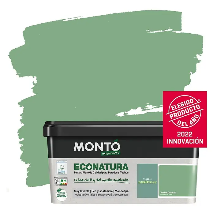Montó Bricolovers Pintura para paredes EcoNatura - Verde Quietud, Mate, 4 l - Imagen de una lata de pintura MONTO ECONATURA, una pintura mate de calidad para paredes y techos en un tono verde.