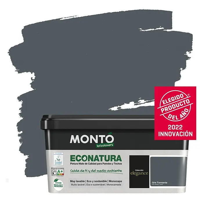 Montó Bricolovers Pintura para paredes EcoNatura - Gris Tormenta, Mate, 4 l - Pintura Mate para paredes y techos MONTO ECONATURA en gris, elegida Producto del Año 2022 en Innovación. Pintura ecológica para interiores.