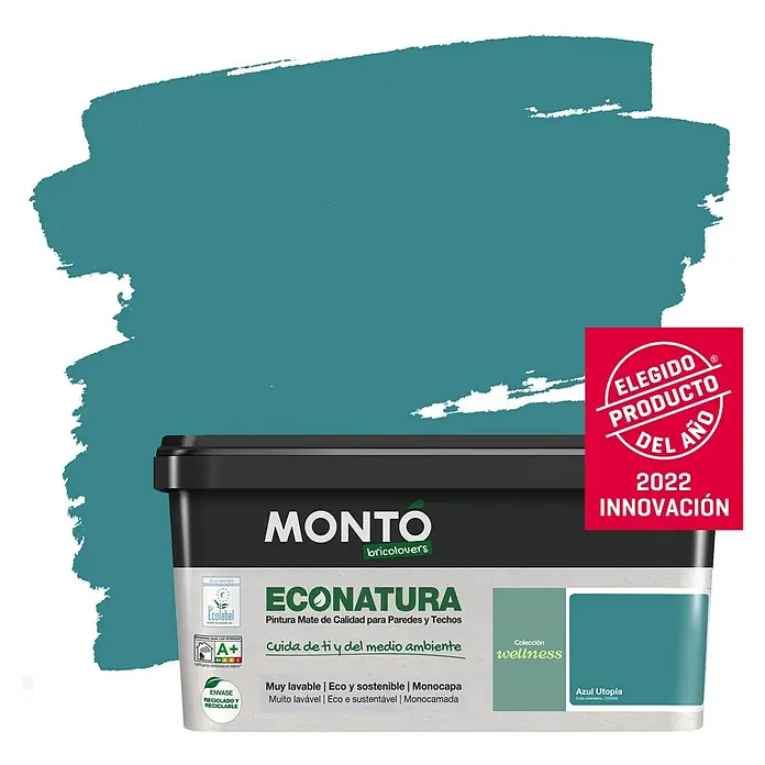 Montó Bricolovers Pintura para paredes EcoNatura - Azul Utopía, Mate, 4 l - Pintura de pared y techo azul verdoso Monto Econatura, una opción ecológica y de alta calidad para tu hogar.