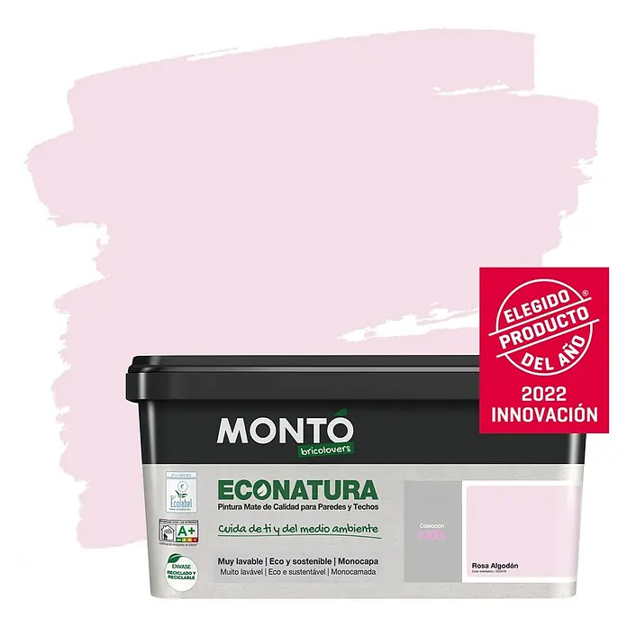 Montó Bricolovers Pintura para paredes EcoNatura - Rosa Algodón, Mate, 4 l - Pintura de pared MONTO ECONATURA en Rosa Algodón. La pintura es ecológica, apta para paredes y techos, y premiada con el premio Innovación 2022.