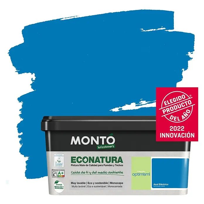 Montó Bricolovers Pintura para paredes EcoNatura - Azul Eléctrico, Mate, 4 l - La pintura Monto Econatura en "Azul Eléctrico" es una pintura mate de calidad y ecológica para paredes y techos.