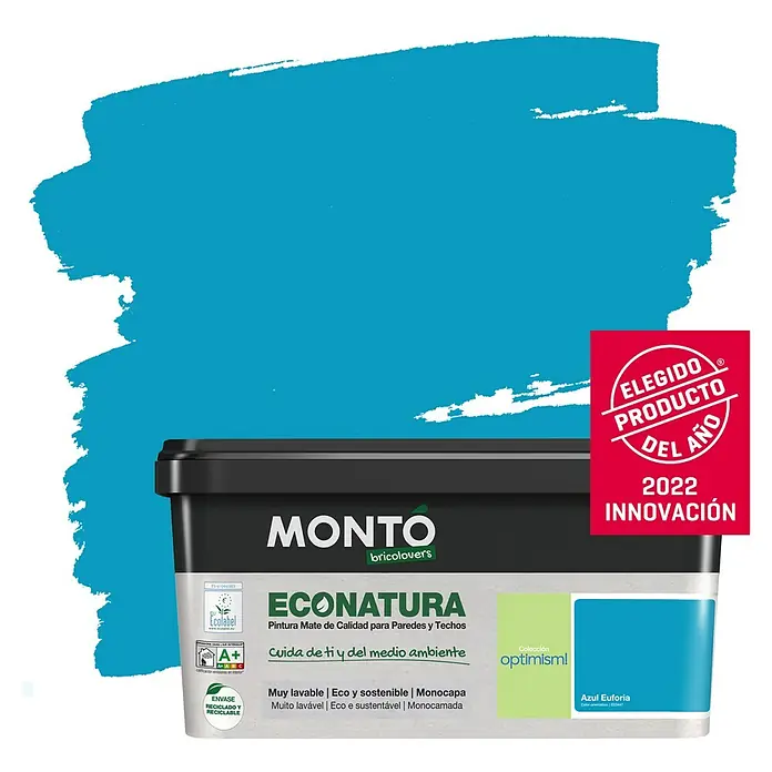 Montó Bricolovers Pintura para paredes EcoNatura - Azul Euforia, Mate, 4 l - Imagen de un bote de pintura para paredes MONTO ECONATURA en color Azul Euforia, premiada como innovación de producto del año 2022.
