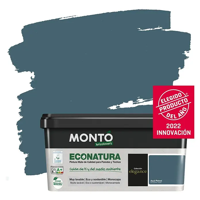 Montó Bricolovers Pintura para paredes EcoNatura - Azul Petrol, Mate, 4 l - Un bote de pintura MONTO ECONATURA en Azul Petróleo, una pintura de alta calidad y respetuosa con el medio ambiente para paredes y techos. Premiada con el Premio Innovación 2022.