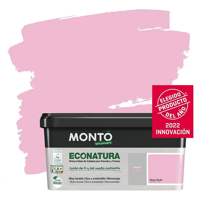 Montó Bricolovers Pintura para paredes EcoNatura - Rosa Chicle, Mate, 4 l - Bote de pintura Monto Econatura en Rosa Chicle, una pintura mate para paredes y techos con etiqueta ecológica y premio Innovación 2022.