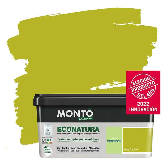 Montó Bricolovers Pintura para paredes EcoNatura - Verde Felicidad, Mate, 4 l - Pintura de pared MONTO ECONATURA: pintura mate de calidad para paredes y techos, muy lavable, ecológica y monocapa.
