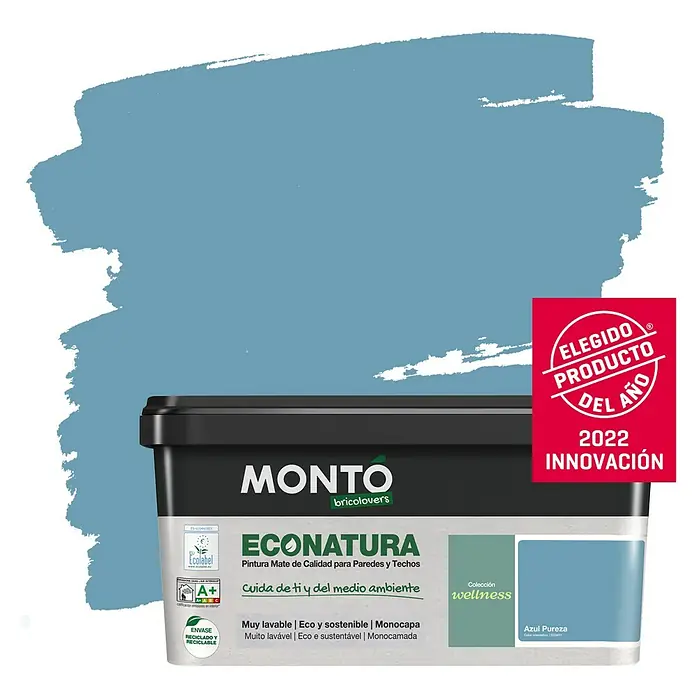 Montó Bricolovers Pintura para paredes EcoNatura - Azul Pureza, Mate, 4 l - Pintura de pared azul MONTO ECONATURA. Pintura mate para paredes & techos, muy lavable, ecológica & de una sola capa para buenos resultados.