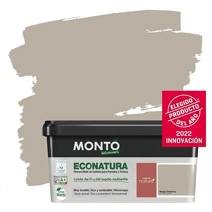 Montó Bricolovers Pintura para paredes EcoNatura - Beige Desierto, Mate, 4 l - Bote de pintura Monto Econatura Beige Desierto, una pintura mate de calidad para paredes y techos, ecológica y reciclable.