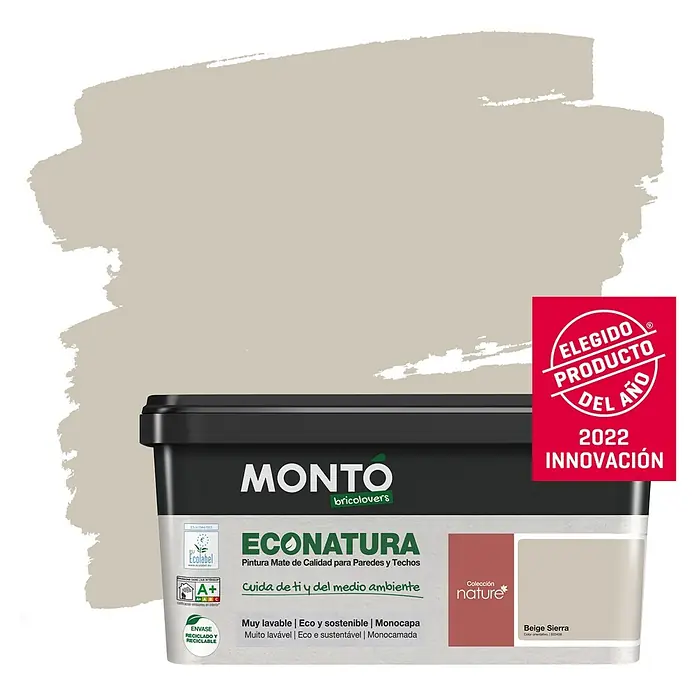 Montó Bricolovers Pintura para paredes EcoNatura - Beige Sierra, Mate, 4 l - Bote de pintura para paredes Montó Econatura Beige Sierra, pintura mate de calidad para paredes y techos, respetuosa con el medio ambiente y reciclable.