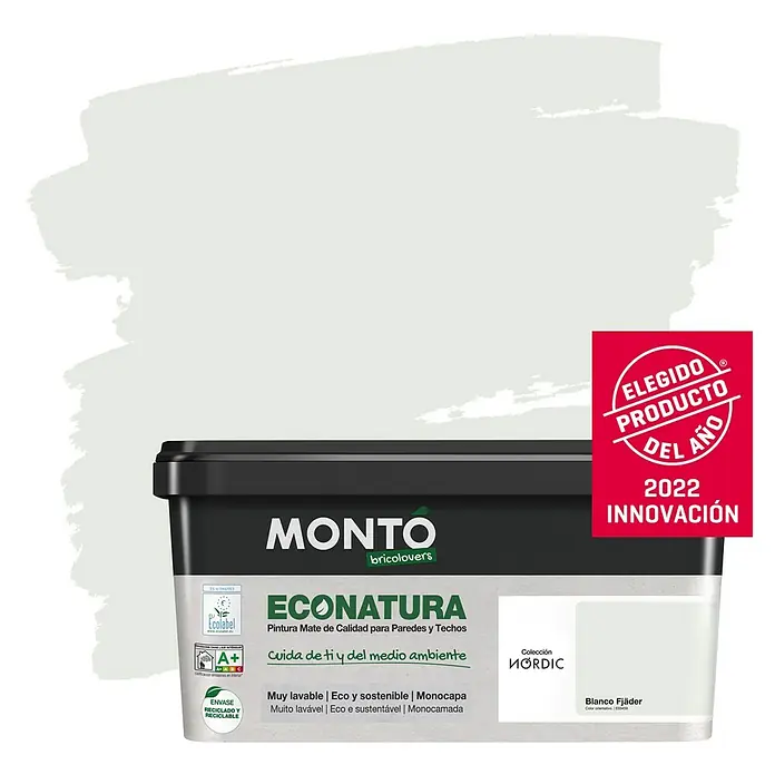 Montó Bricolovers Pintura para paredes EcoNatura - Blanco Fjader, Mate, 4 l - Bote de pintura blanca para paredes Montó Econatura, pintura ecológica de alta calidad para paredes y techos, premiada Producto del Año 2022.
