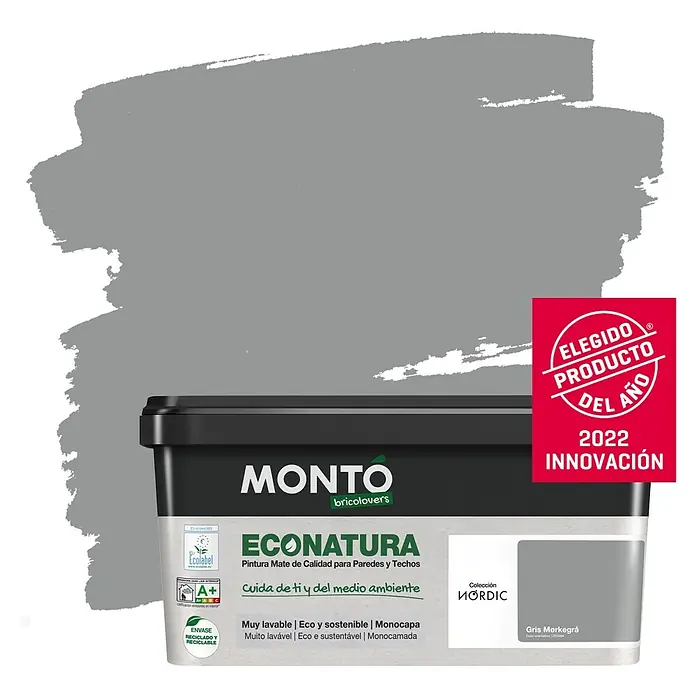 Montó Bricolovers Pintura para paredes EcoNatura - Gris Morkegra, Mate, 4 l - Bote de pintura para paredes y techos MONTO ECONATURA en gris, una pintura de alta calidad y respetuosa con el medio ambiente.