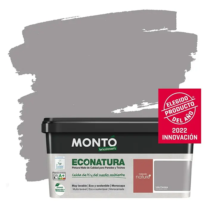 Montó Bricolovers Pintura para paredes EcoNatura - Lila Ceniza, Mate, 4 l - Pintura de pared Montó Econatura en Lila Ceniza: Pintura mate y ecológica para paredes y techos, premiada como producto del año 2022.