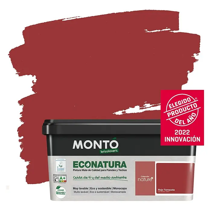 Montó Bricolovers Pintura para paredes EcoNatura - Rojo Terracota, Mate, 4 l - Pintura mate para paredes y techos Monto Econatura en rojo terracota, ecológica y duradera, premiada como producto del año 2022.
