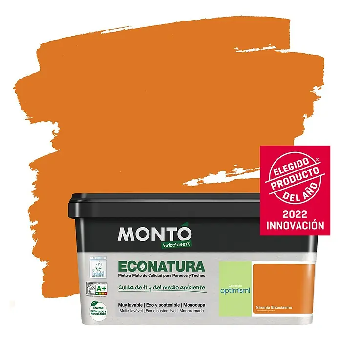 Montó Bricolovers Pintura para paredes EcoNatura - Naranja Entusiasmo, Mate, 4 l - Un cubo de pintura de pared naranja MONTO ECONATURA, una pintura de alta calidad y respetuosa con el medio ambiente para paredes y techos.