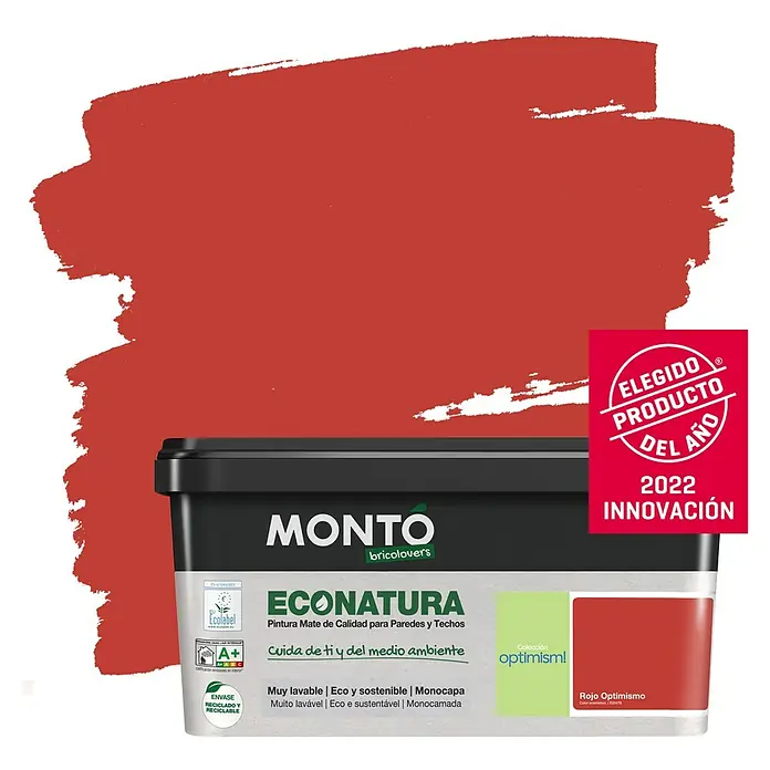 Montó Bricolovers Pintura para paredes EcoNatura - Rojo Optimismo, Mate, 4 l - Bote de pintura roja Montó Econatura para paredes, calidad mate, ecológica y reciclable.
