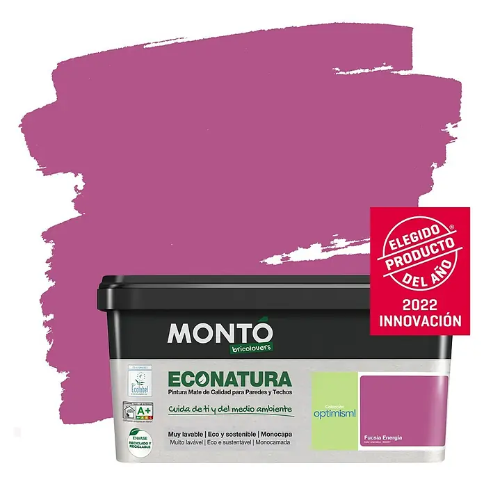 Montó Bricolovers Pintura para paredes EcoNatura - Fucsia Energía, Mate, 4 l - Pintura MONTO ECONATURA en Fucsia Energia: Pintura mate ecológica para paredes y techos, premiada como producto del año 2022.