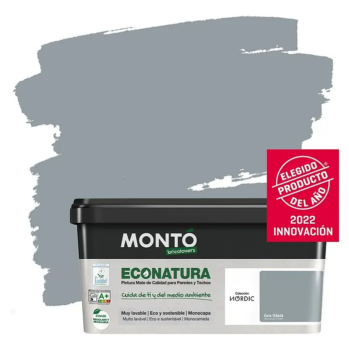 Montó Bricolovers Pintura para paredes EcoNatura - Gris Gabla, Mate, 4 l - Un bote de pintura para paredes MONTO Econatura en gris, una pintura mate ecológica para paredes y techos, premiada como Producto del Año 2022.
