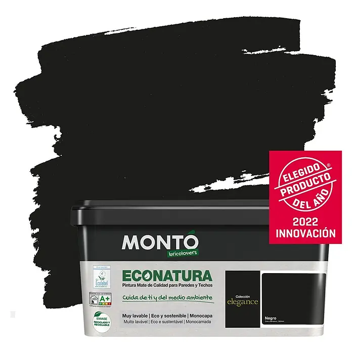 Montó Bricolovers Pintura para paredes Econatura - Negro, Mate, 4 l - Pintura negra MONTO ECONATURA para paredes y techos en un cubo, premiada como producto del año 2022 por innovación.