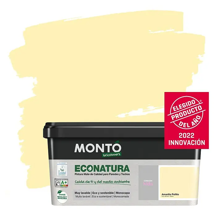 Montó Bricolovers Pintura para paredes Econatura - Amarillo Pollito, Mate, 4 l - Pintura de pared y techo MONTO ECONATURA en amarillo suave "Amarillo Pollito", una opción ecológica para tu hogar.