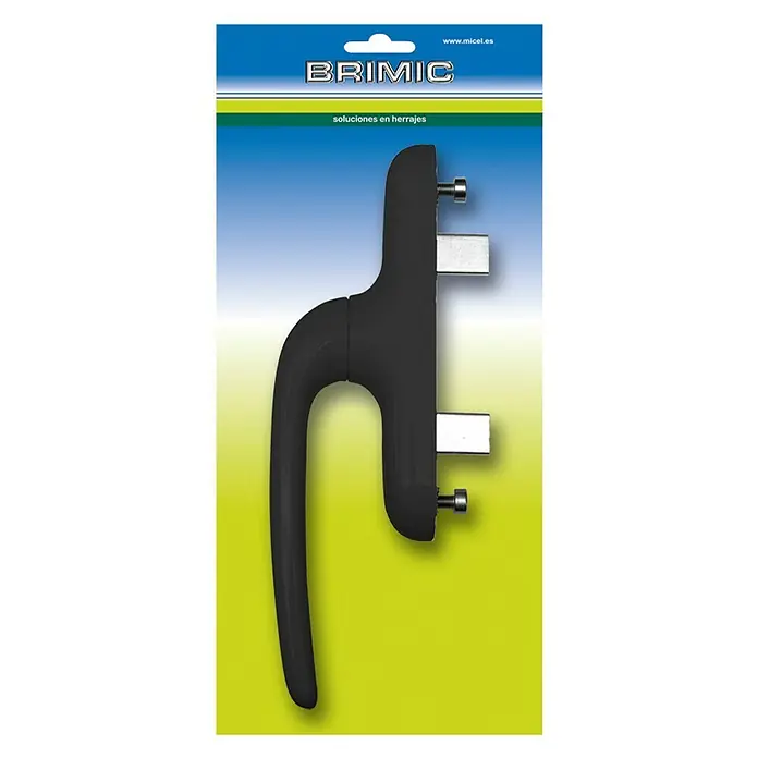 Micel Brimic Manilla para ventana 6829 - Largo: 26 cm, Negro, Aluminio - Primer plano de una manija de ventana BRIMIC negra en su embalaje, ideal para ventanas modernas.