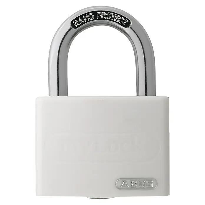 Abus Vorhängeschloss T65AL/40 - B x H: 43 x 62 mm, Bügelstärke: 6,5 mm, Aluminium, Silber - Nahaufnahme eines weißen ABUS-Vorhängeschlosses mit silbernem Bügel und der Aufschrift "Nano Protect".