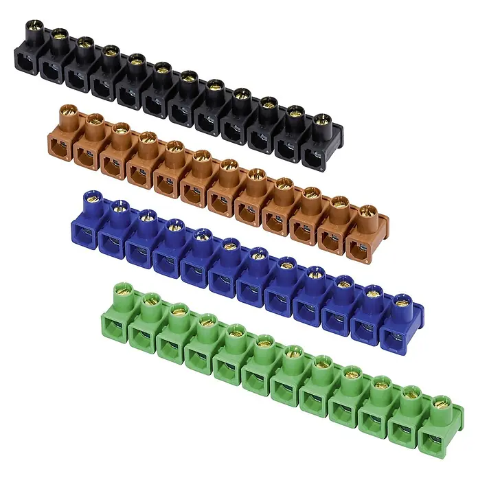 Dosenklemme 5 tlg. Set - Polanzahl: 12 Stk., 1,5 mm² - 4 mm², 2 x Schwarz, 1 x Braun, 1 x Blau, 1 x Grün - Verschiedenfarbige Reihenklemmen auf schwarzem Hintergrund, ideal für sichere elektrische Verbindungen.