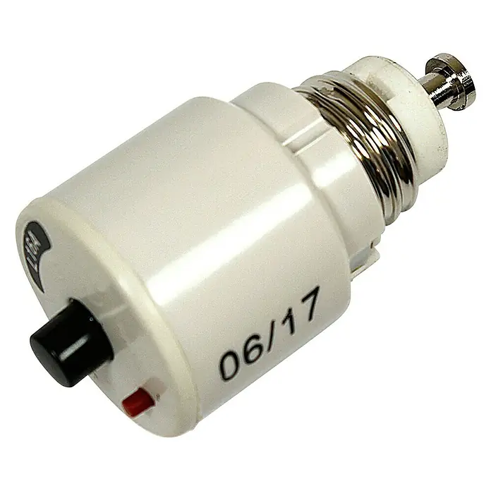 Schraubautomat - 16 A, 230 V - 400 V - Nahaufnahme eines weißen Leistungsschalters mit schwarzem Knopf, roter Anzeige und Metallsockel.