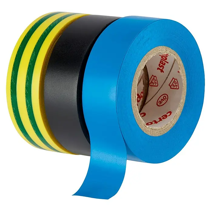 Isolierband-Set - 15 mm x 10 m, 3 Stk., Schwarz/Blau/Grün-Gelb - Nahaufnahme von drei Rollen Isolierband in den Farben Gelb-Grün, Schwarz und Blau.
