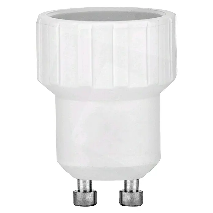 Sockeladapter - GU10, E14 - Nahaufnahme eines weißen GU10-Lampensockel-Adapters, der die Details und die Konstruktion dieses essentiellen Beleuchtungszubehörs zeigt.