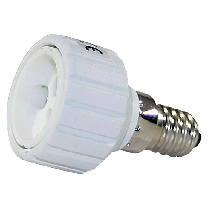 Sockeladapter - E14, GU10 - Nahaufnahme einer E14 LED Lampe mit weißem Lampenschirm und silberfarbenem Sockel vor schwarzem Hintergrund.