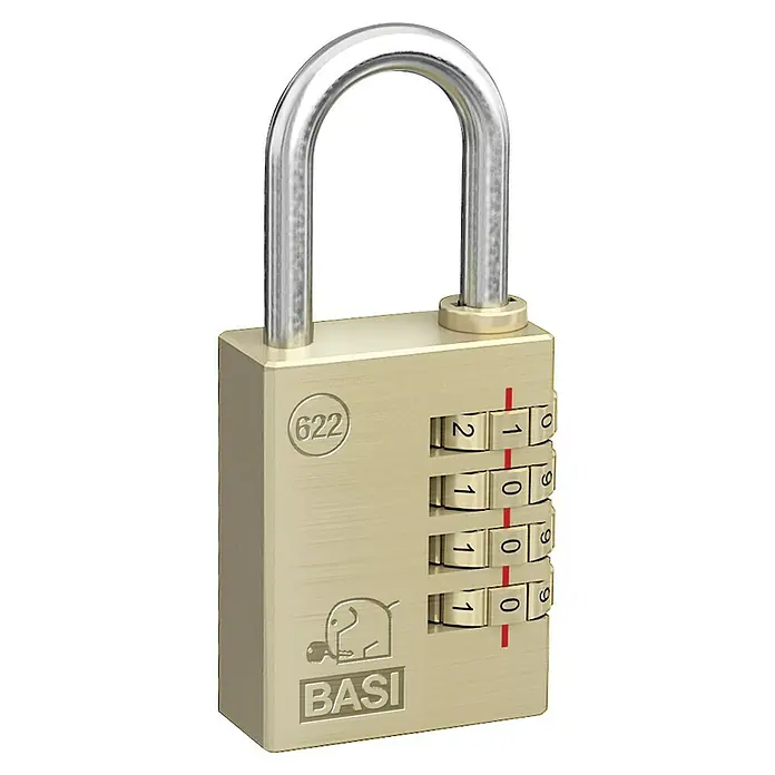 Basi Zahlenschloss VHS 622L x B: 50 x 38 mm, Bügelstärke: 6 mm, Messing - BASI Zahlenschloss mit vier Ziffernrollen und einem silberfarbenen Bügel. Das Gehäuse ist goldfarben.