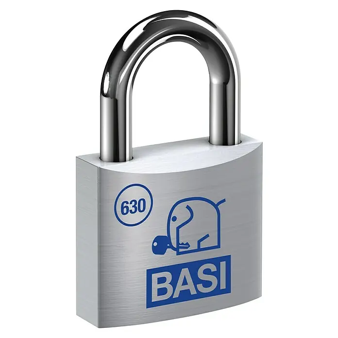 Basi Vorhängeschloss VHS 630Bügelstärke: 4 mm, Material Bügel: Stahl - Nahaufnahme eines BASI-Vorhängeschlosses der Serie 630 mit Bügel und Elefantenlogo, ideal zur Sicherung verschiedener Objekte.