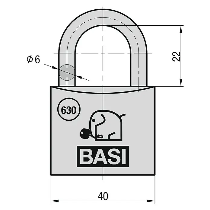 Basi Vorhängeschloss VHS 630 - Bügelstärke: 6 mm, Material Bügel: Stahl - Technische Zeichnung eines BASI Vorhängeschlosses mit Maßangaben zu Durchmesser und Höhe.