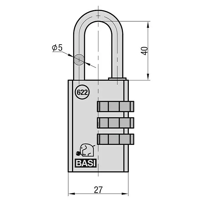 Basi Zahlenschloss VHS 622L x B: 40 x 27 mm, Bügelstärke: 5 mm, Messing