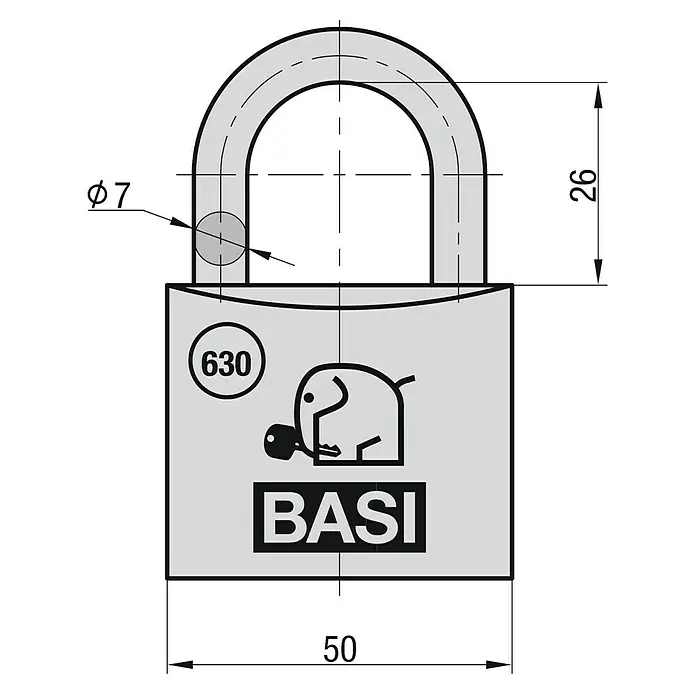 Basi Vorhängeschloss VHS 630 - Bügelstärke: 7 mm, Material Bügel: Stahl - Schemazeichnung eines BASI Vorhängeschlosses mit den Maßen 50 x 26 und einem Bügeldurchmesser von 7 mm, inklusive BASI Logo und Produktnummer.