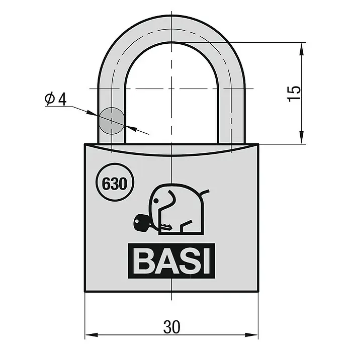 Basi Vorhängeschloss VHS 630 - Bügelstärke: 4 mm, Material Bügel: Stahl - Eine technische Zeichnung eines BASI Vorhängeschlosses mit den Maßen 30 x 15 mm und einem Bügeldurchmesser von 4 mm.