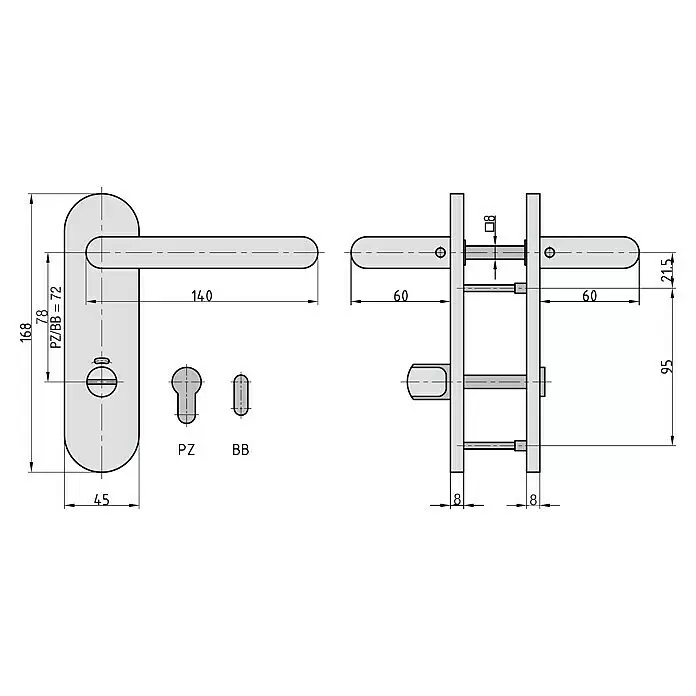 Basi WC-Drückergarnitur ZB 3800 - Edelstahl, Rechts - Technische Zeichnung einer Türdrückergarnitur, bestehend aus Drücker, Langschild und Optionen für PZ und BB Schlüsselrosetten mit Maßen.