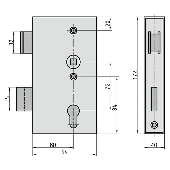 EinsteckschlossLinks/Rechts, Dornmaß: 60 mm Sketch