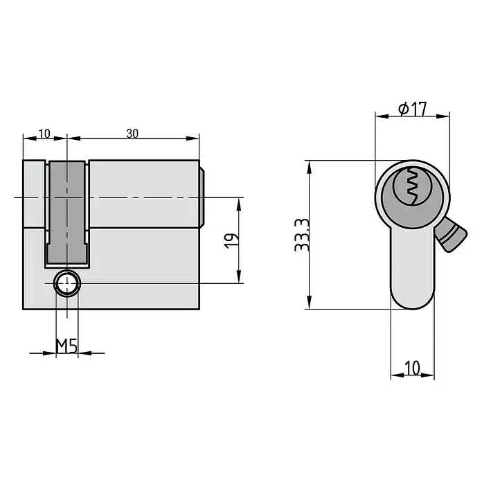 Basi Profilzylinder - Baulänge innen: 10 mm, Baulänge außen: 30 mm, Material Zylinder: Messing, Profilschlüssel - Technische Zeichnung eines Schließzylinders mit Bemaßungen. Präzise Details für Bau und Konstruktion dargestellt.