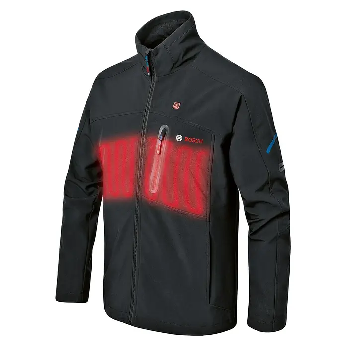 Bosch Professional Softshell-Jacke GHJ beheizbar - 2 -tlg., Akkuspannung: 12 V, M - Schwarze Bosch beheizbare Jacke mit roter Heizfläche, Bosch-Logo und Reißverschlusstasche für optimalen Komfort bei kalten Bedingungen.