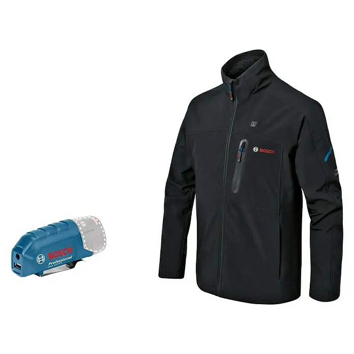 Bosch Professional Softshell-Jacke GHJ beheizbar - 2 -tlg., Akkuspannung: 12 V, M - Bosch beheizbare Jacke mit GAA 12V-21 Akku-Adapter, bietet Wärme und Flexibilität für Profis.