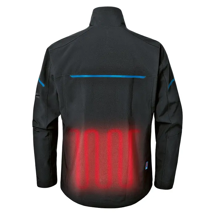 Bosch Professional Softshell-Jacke GHJ beheizbar - 2 -tlg., Akkuspannung: 12 V, M - Rückansicht einer schwarzen beheizbaren Jacke mit blauen Akzenten und roten Heizelementen. Komfort & Wärme an kalten Tagen!