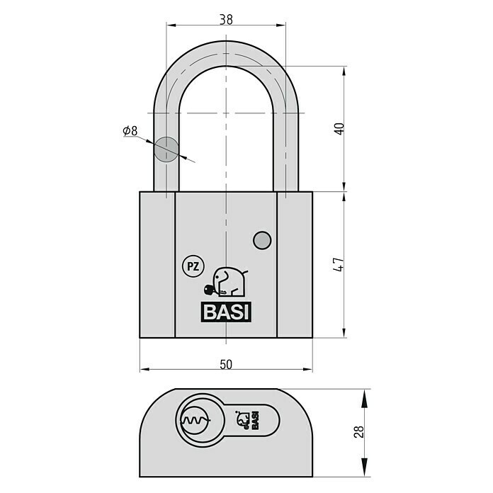 Basi Vorhangschloss VHS PZ (B x H: 28 x 46,5 mm, Bügelinnenhöhe: 40 mm, Material Bügel: Gehärteter Spezialstahl) | BAUHAUS