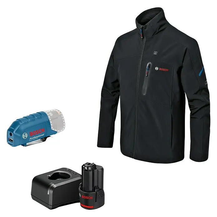 Bosch Professional Softshell-Jacke GHJ beheizbar - 4 -tlg., Akkuspannung: 12 V, L - Abbildung einer Bosch Akku-Heizjacke mit Akku, Ladegerät und Adapter. Die Jacke ist schwarz mit dem Bosch Logo auf der Brust.