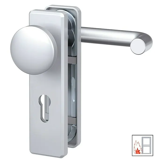 Basi Schutzbeschlag ZT/FS 2100 - Einsatzbereich: Feuerschutztür, Aluminium, Knopf außen, Drücker innen, Stärke Tür: 44 mm - 66 mm - Abbildung eines Türbeschlags mit Drehknopf und Griff, ideal für moderne Inneneinrichtungen und bietet sowohl Stil als auch Funktionalität.