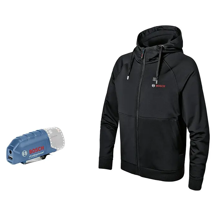 Bosch Professional Arbeitsjacke Hoodie GHH beheizbar - 2 -tlg., Akkuspannung: 12 V, XL - Bosch Professional Akku-Heizjacke und Adapter. Die Jacke ist schwarz und der Adapter ist blau.